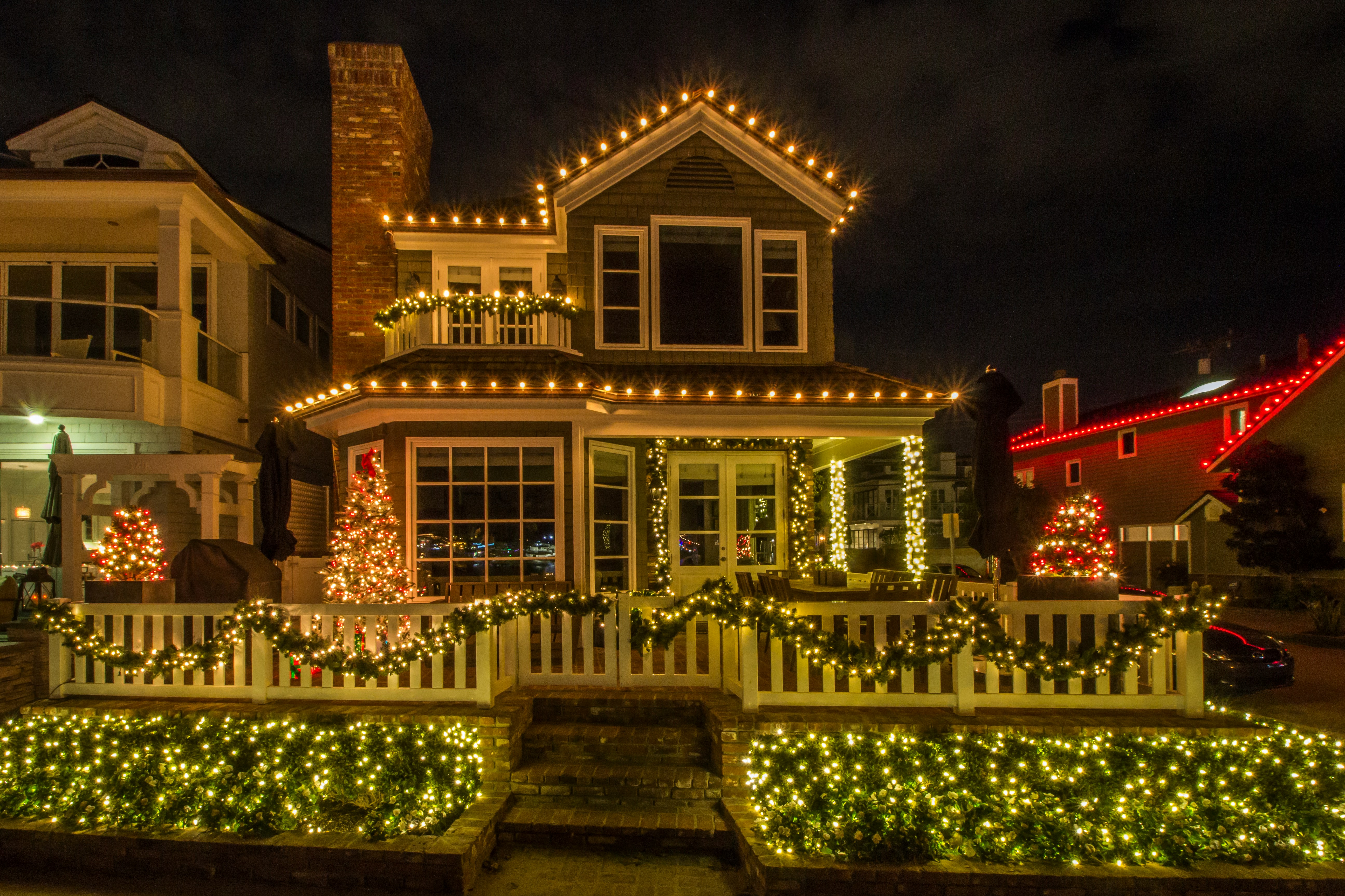 Christmas lights on columns and entryway